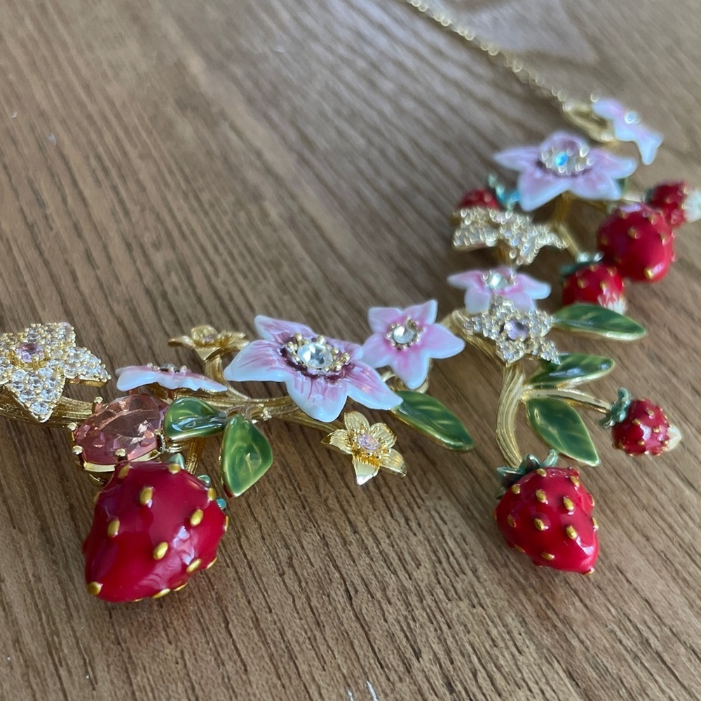 Anthropologie Pink, Red & Green Strawberry Floral Necklace - Picture 3 of 10